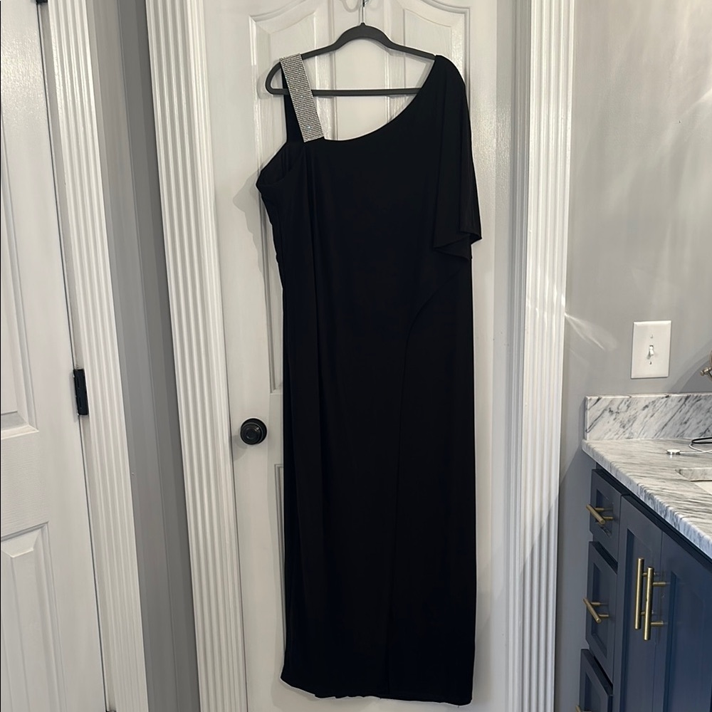 NWOT R & M Richards Black Asymmetric Jumpsuit with Overlay and Rhinestone Strap